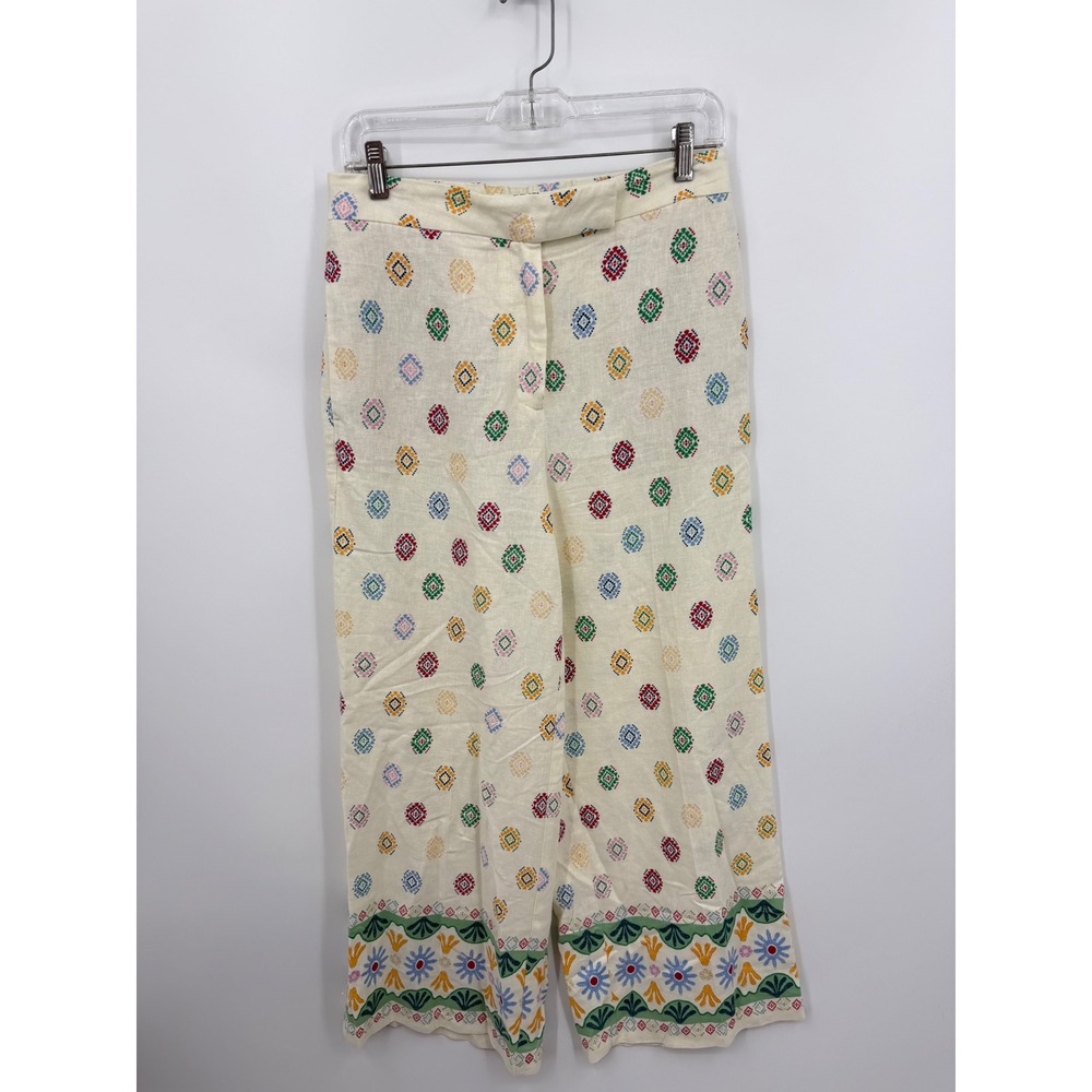 Maison d'Amélie Geometric Print Wide Leg Pants Women Size M Cream Linen Blend
